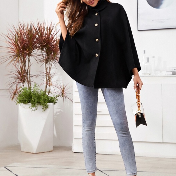 mock neck button cape pea coat cloak sleeve wine - Picture 7 of 10